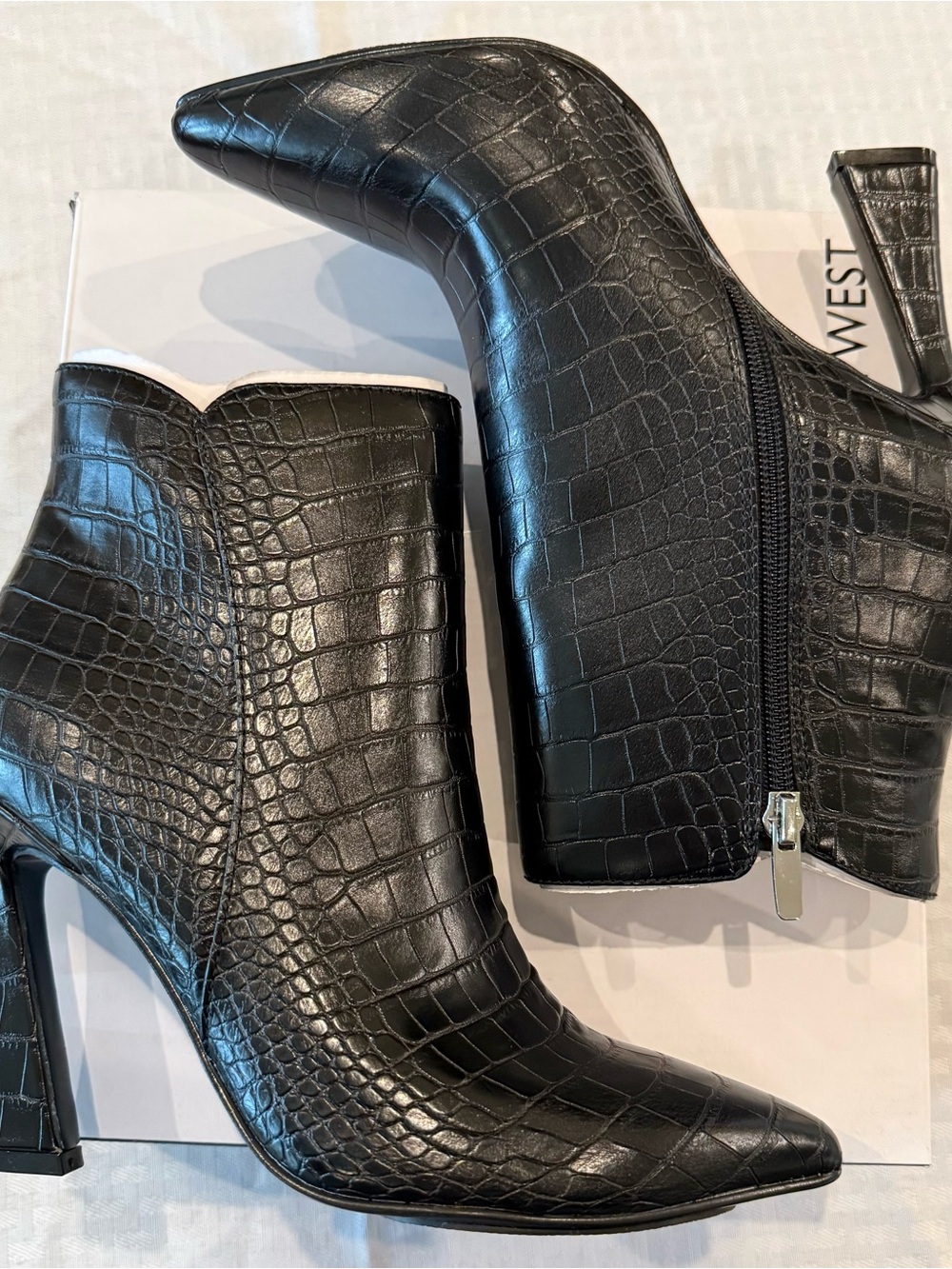Nine West Black Croc-Embossed Pointed Toe Ankle Boots - Picture 3 of 6